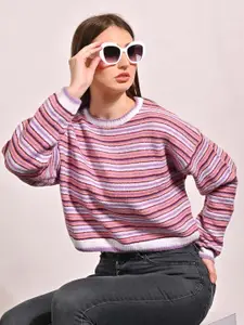 NoBarr Striped Round Neck Long Sleeves Crop Pullover Sweater