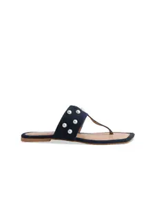 ERIDANI Women Embellished Denim T-Strap Flats