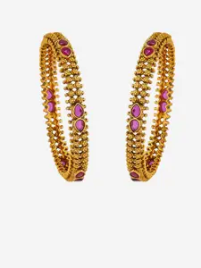 Kushal's Fashion Jewellery Set Of 2 Gold Plated Ruby Studded Antique Bangles