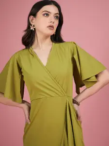 DressBerry Green Flared Sleeve Midi Wrap Dress