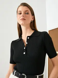 Koton Vertical Stripes Shirt Collar Shirt Style Fitted Top