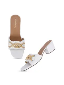 DressBerry White Embellished Open Toe Block Heels