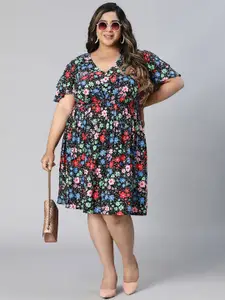 Oxolloxo Plus Size Floral Printed Smocked Fit & Flare Dress