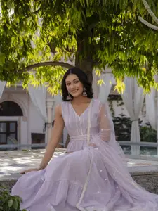 Nayo Striped Tiered Ethnic Maxi Dress With Scalloped Dupatta