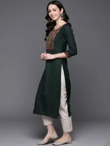 Anouk Green Floral Yoke Design Thread Work Detailed Cotton Straight Kurta