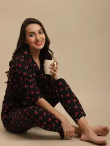 Claura Black Conversational Printed Pure Cotton Night Suit