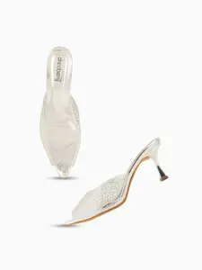 DressBerry Silver-Toned Embellished Slim Heeled Peep Toes