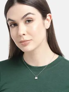 Carlton London925 Sterling Silver Rhodium Plated with CZ Lock Pendant with Chain