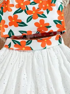 INCLUD Girls Floral Printed Lace Top With Tie Up Skirt