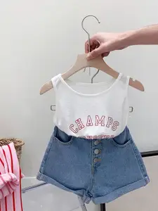 INCLUD Girls Long Sleeve Stripes Shirt With Sleeveless Top & Denim Shorts