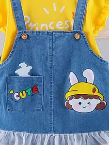 INCLUD Girls Graphic Printed Tapered Fit Cotton T-shirt with Dungaree