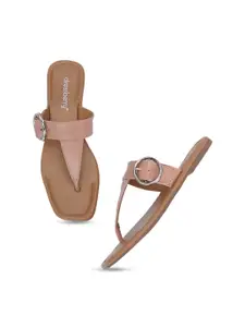 DressBerry Pink Buckle Detailed Open Toe Flats