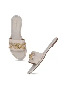 DressBerry Cream-Coloured Embellished Open Toe Flats