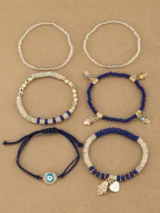 DressBerry Gold-Toned & Blue Set Of 6 Gold-Plated Stone-Studded & Beads Beaded Bracelet