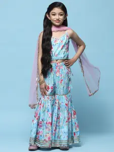 Biba Girls Printed Shoulder Straps Sleeveless Pure Cotton Top With Palazzos & Dupatta