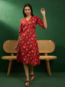 Sangria Floral Printed Angrakha V-Neck Cotton A-Line Ethnic Dress