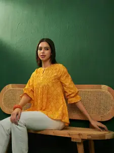 Sangria Bandhej Printed Keyhole Neck Puff Sleeves Pleated A-Line Cotton Top