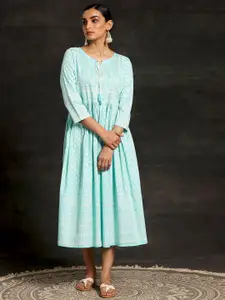 Libas Printed Tie-Up Neck Puff Sleeve Cotton A-Line Midi Dress