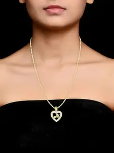 Vighnaharta Gold-Plated Cubic Zirconia Studded Heart Shaped M Letter Pendant With Chain