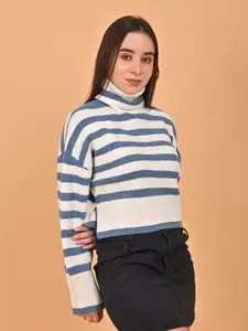 NoBarr Striped Turtle Neck Drop Shoulder Sleeves Pullover Sweater