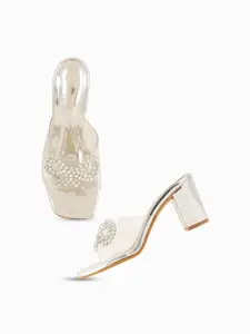 DressBerry Silver Toned Embellished Open Toe Block Heels