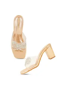 DressBerry Gold Toned Embellished Open Toe Block Heels