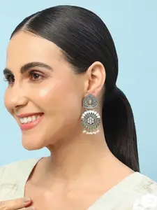 Biba Silver-Plated Artificial Stones Studded Contemporary Jhumkas Earrings