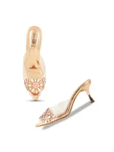DressBerry Peach Coloured Embellished Open Toe Slim Heels