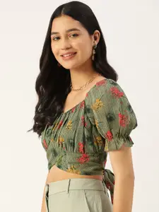 Slenor Floral Print Puff Sleeve Georgette Crop Top