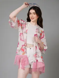 PURYS Women Printed Tasselled Longline Shrug