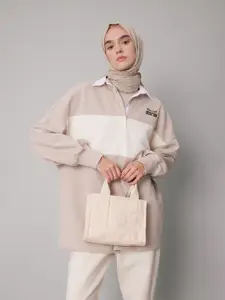 DeFacto Colourblocked Shirt Collar Drop Shoulder Sleeves Longline Sweatshirt