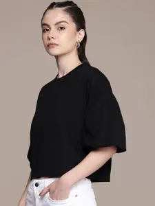 The Roadster Life Co. Solid Puff Sleeves Crop Top