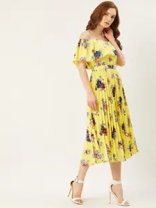 Slenor Floral Print Off-Shoulder Flared Sleeve Layered Crepe Fit & Flare Midi Dress