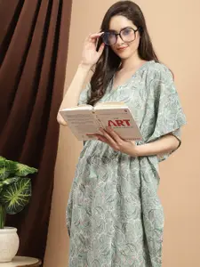 Boston Club Floral Printed V-Neck Maxi Pure Cotton Kaftan Nightdress