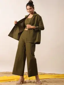 JISORA Olive Green Round Neck Pure Cotton Top With Trousers & shrug
