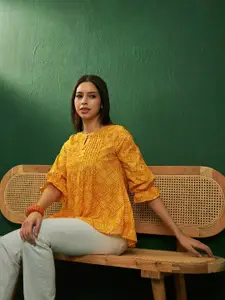 Sangria Bandhej Printed Keyhole Neck Bell Sleeves Cotton A-Line Tops