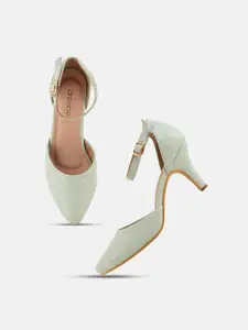 DressBerry Sea Green Textured Kitten Heeled Pumps