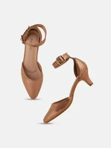 DressBerry Copper-Toned Embellished Pointed Toe Kitten Heeled Pumps