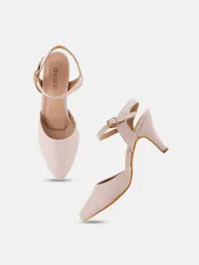 DressBerry Pink Textured Pointed Toe Kitten Heeled Pumps