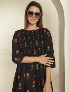 KALINI Floral Printed Round Neck Smocked Cotton A-Line Midi Dress