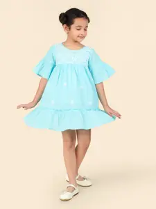Fabindia Girls Floral Embroidered Bell Sleeves Chikankari Cotton A-Line Dress