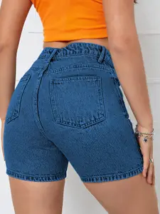 AAHWAN Women Slim Fit High-Rise Cotton Denim Shorts