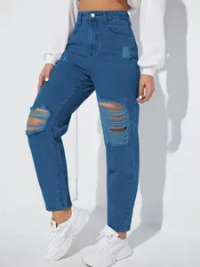 AAHWAN Women High-Rise Highly Distressed Mom Fit Pure Cotton Denim Jeans