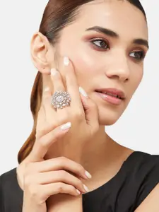 ATIBELLE Silver-Plated Stone-Studded & Beaded Floral Shaped Earrings & Ring