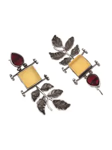 DASTOOR Silver-Plated Stone-Studded Silver Oxidised Contemporary Drop Earrings