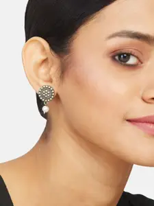 ATIBELLE German Silver-Plated Stone-Studded Floral Shaped Ghunghroo Earrings & Bangle