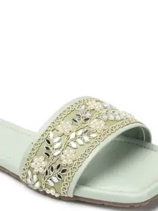 Anouk Green Embellished Open Toe Flats