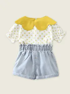 INCLUD Girls Polka Dot Printed Top with Denim Shorts