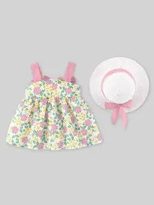 INCLUD Girls Floral Print Bow Detailed Fit & Flare Dress with Hat