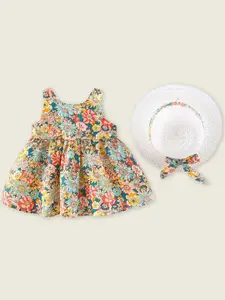 INCLUD Girls Floral Print Bow Detailed Fit & Flare Dress with Hat